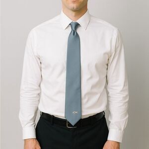 Christians Closet 100% Silk Blue Tie Handmade With Gold Fish Logo Pinstripe